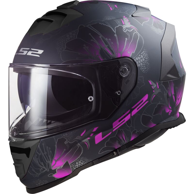 Casco integral negro con dibujos en rosa