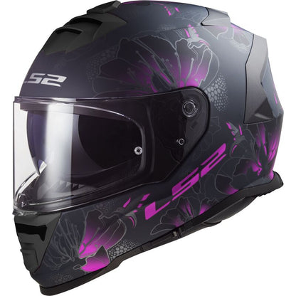 Casco integral negro con dibujos en rosa